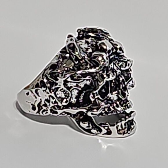 Mens Gothic Skull Ring W/ Dragon & Skull Engraving Adjustable Open Band Alloy - Picture 6 of 8